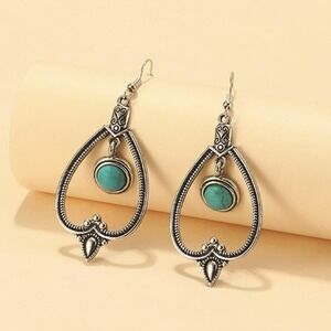 New Vintage Style Water Drop Festival Earrings Brushed Silver Turquoise A0102